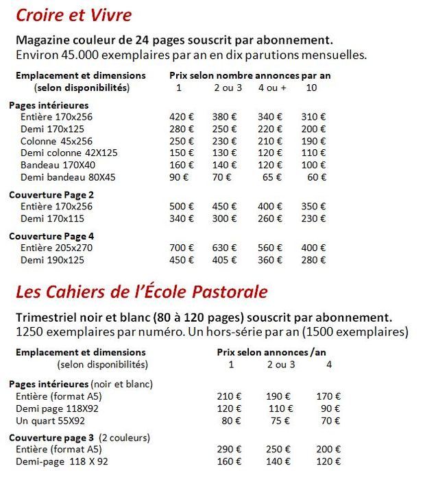 Annonces dans nos publications et sur Internet